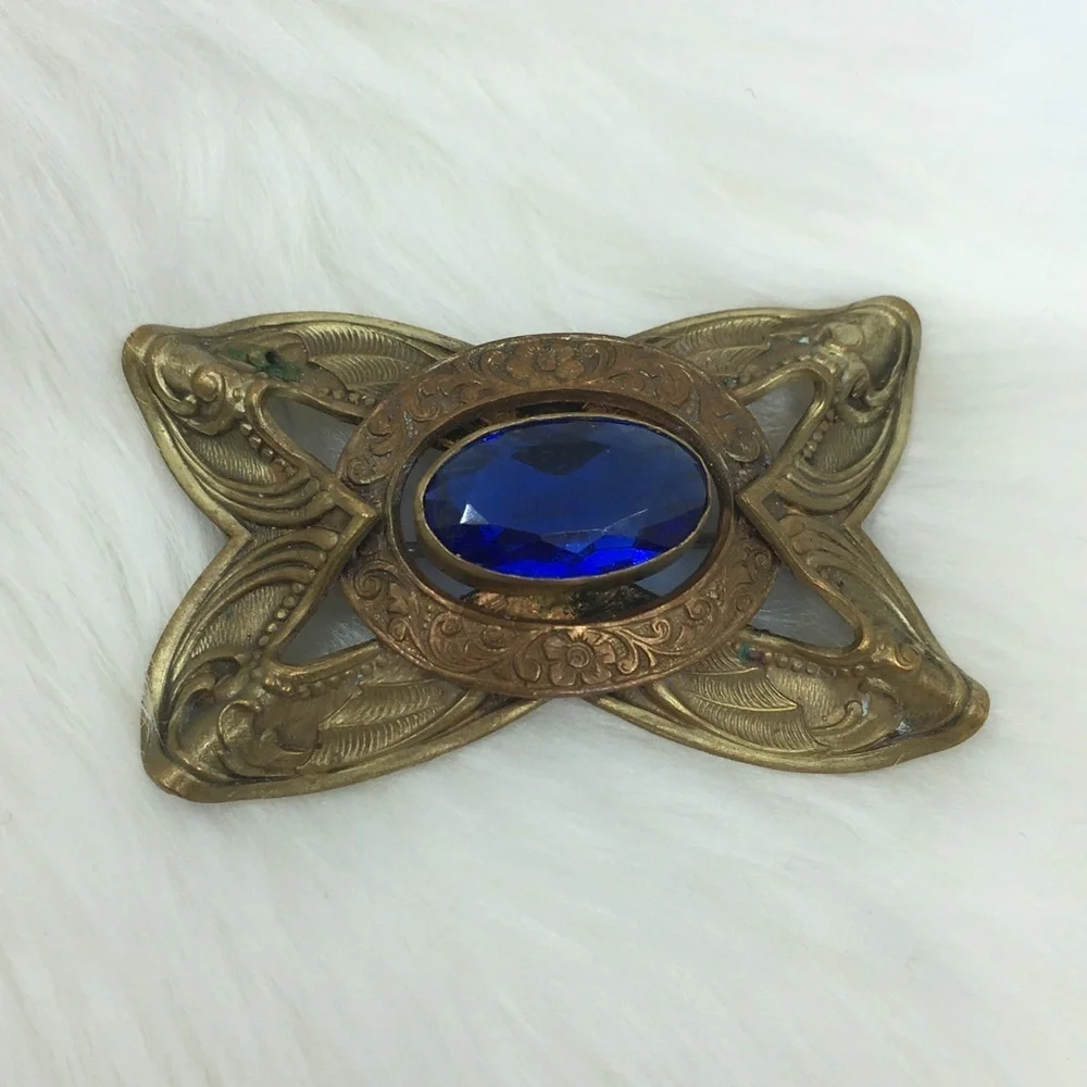Antique Victorian Brass Bronze Blue Glass Brooch Pin Old Estate Costume Jewelry